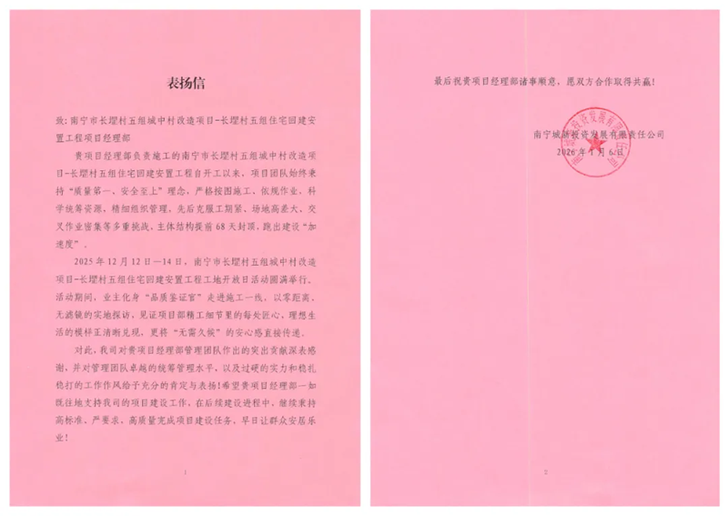 开新局 | 南宁市长堽村五组住宅回建安置工程项目喜获表扬